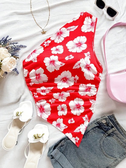 Damen Ein-Schulter-Body mit Blumenmuster – Eleganter Sommer-Body für Freizeit und Urlaub