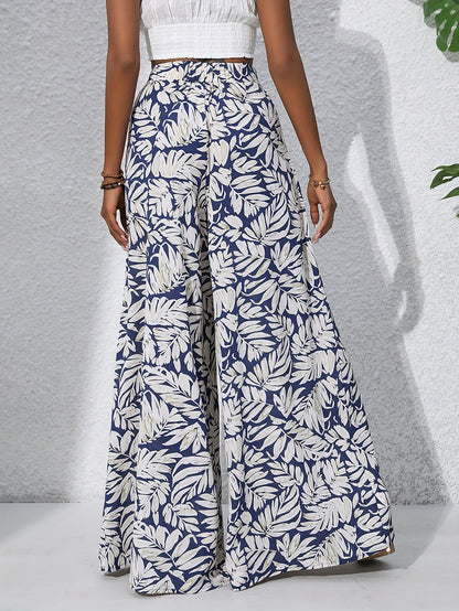 Damen Sommer Palazzo-Hose mit weitem Bein und tropischem Blätterprint – Perfekt für Strand und Freizeit