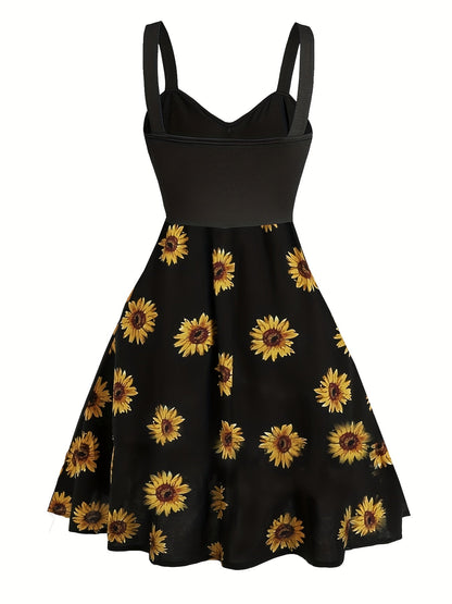 Damen Vintage Sommerkleid mit Sonnenblumenmuster und Knopfleiste – Ideal für Freizeit und Urlaub