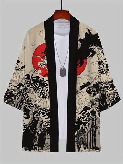 Herren Kimono Cardigan mit japanischem Drachen- und Samurai-Print – Streetwear Stil
