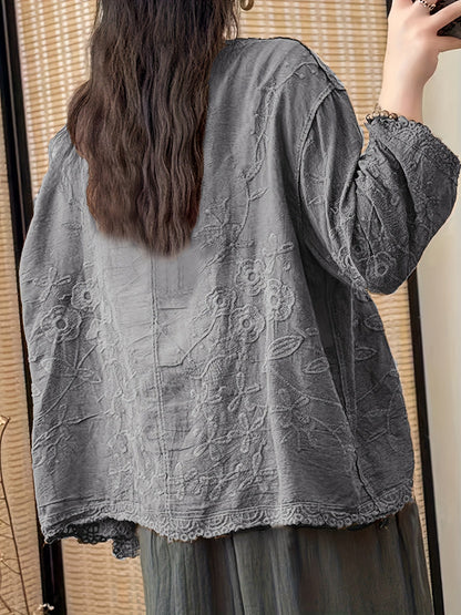Damen Kurzarm Bluse mit V-Ausschnitt, Stickerei & Spitzenbesatz, Knopfleiste