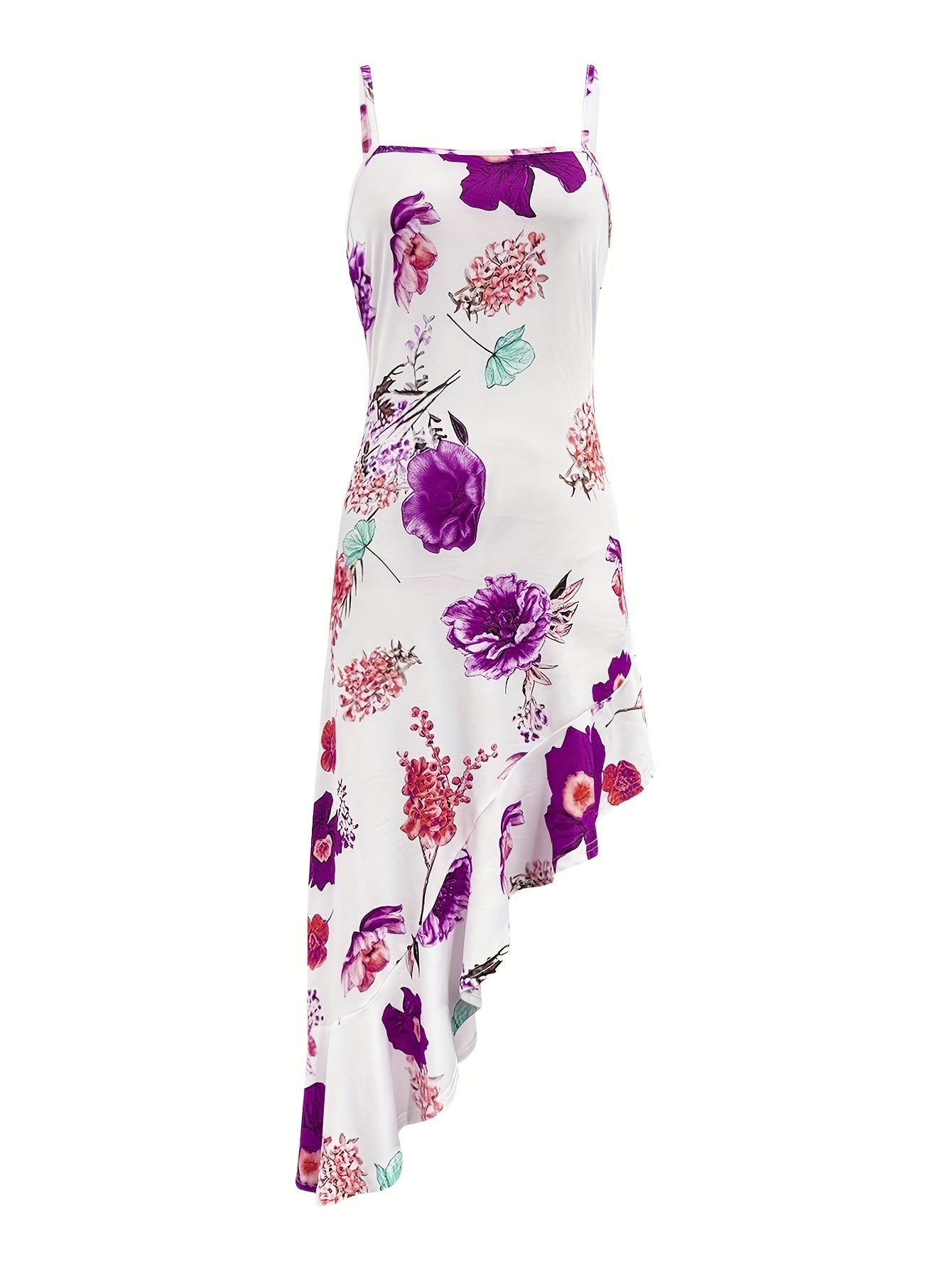 Damen Asymmetrisches Midi-Kleid mit Blumenmuster und Rüschen – Elegantes Partykleid