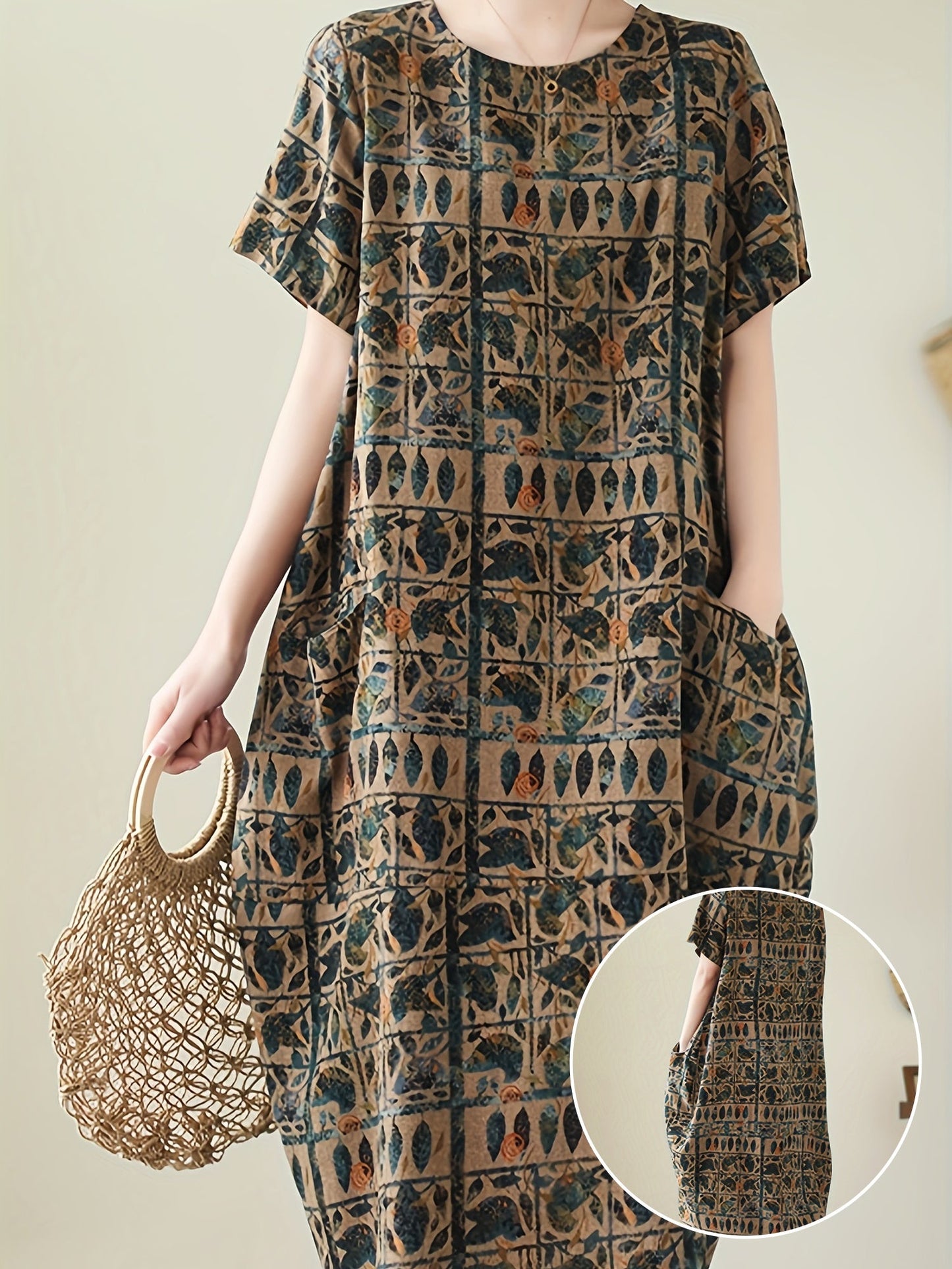 Damen Freizeitkleid mit geometrischem und botanischem Muster, lockerer Oversize-Stil, ideal für Alltag und Freizeit