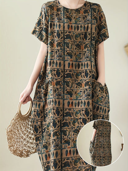 Damen Freizeitkleid mit geometrischem und botanischem Muster, lockerer Oversize-Stil, ideal für Alltag und Freizeit