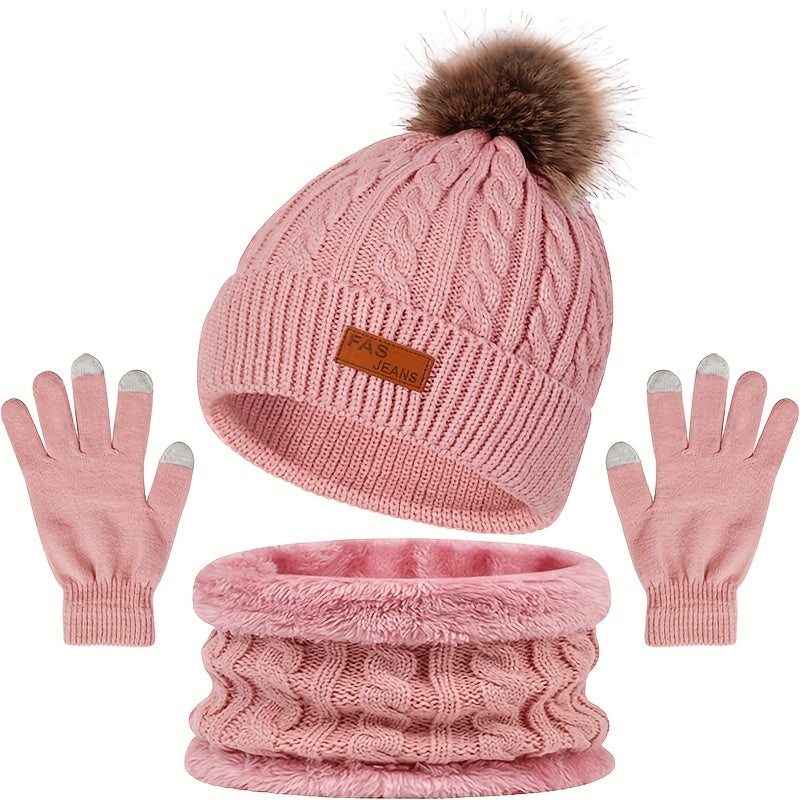 Wintermützen Set Strickmütze Beanie Pompon Schal Handschuhe Touchscreen