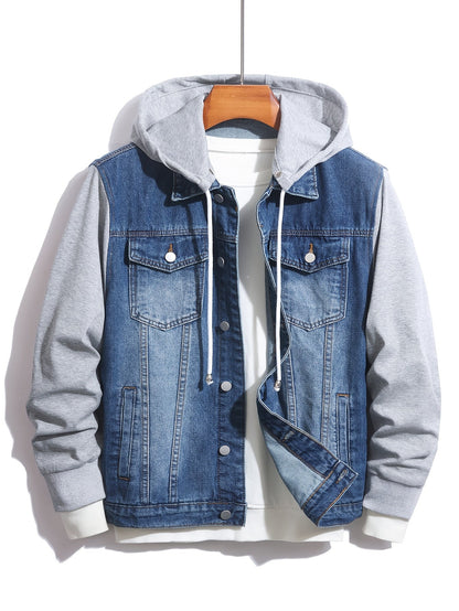 Herren Jeansjacke mit Kapuze Denim und Sweatstoff Ärmel Grau