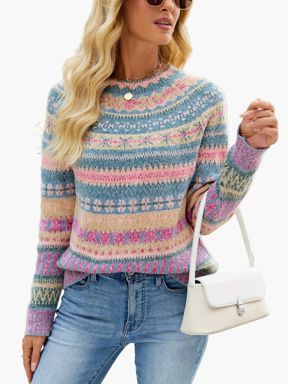 Damen Pullover Eleganter Strick Fair Isle Muster Herbst Winter Freizeit
