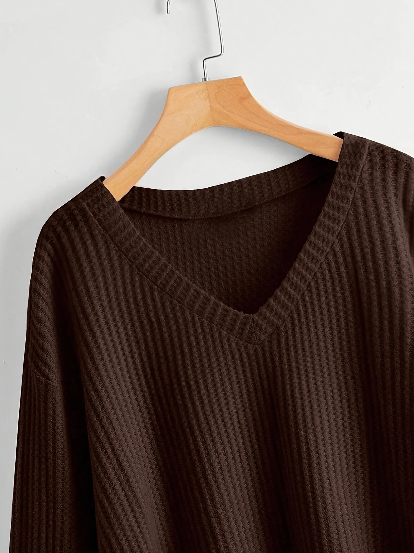 Damen Crop Pullover V-Ausschnitt Langarm Waffelstruktur Schwarz