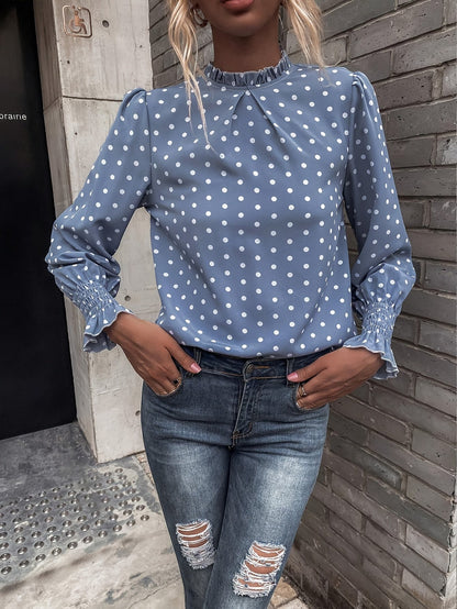 Damen Bluse Punkte Hellblau Langarm Rüschenkragen