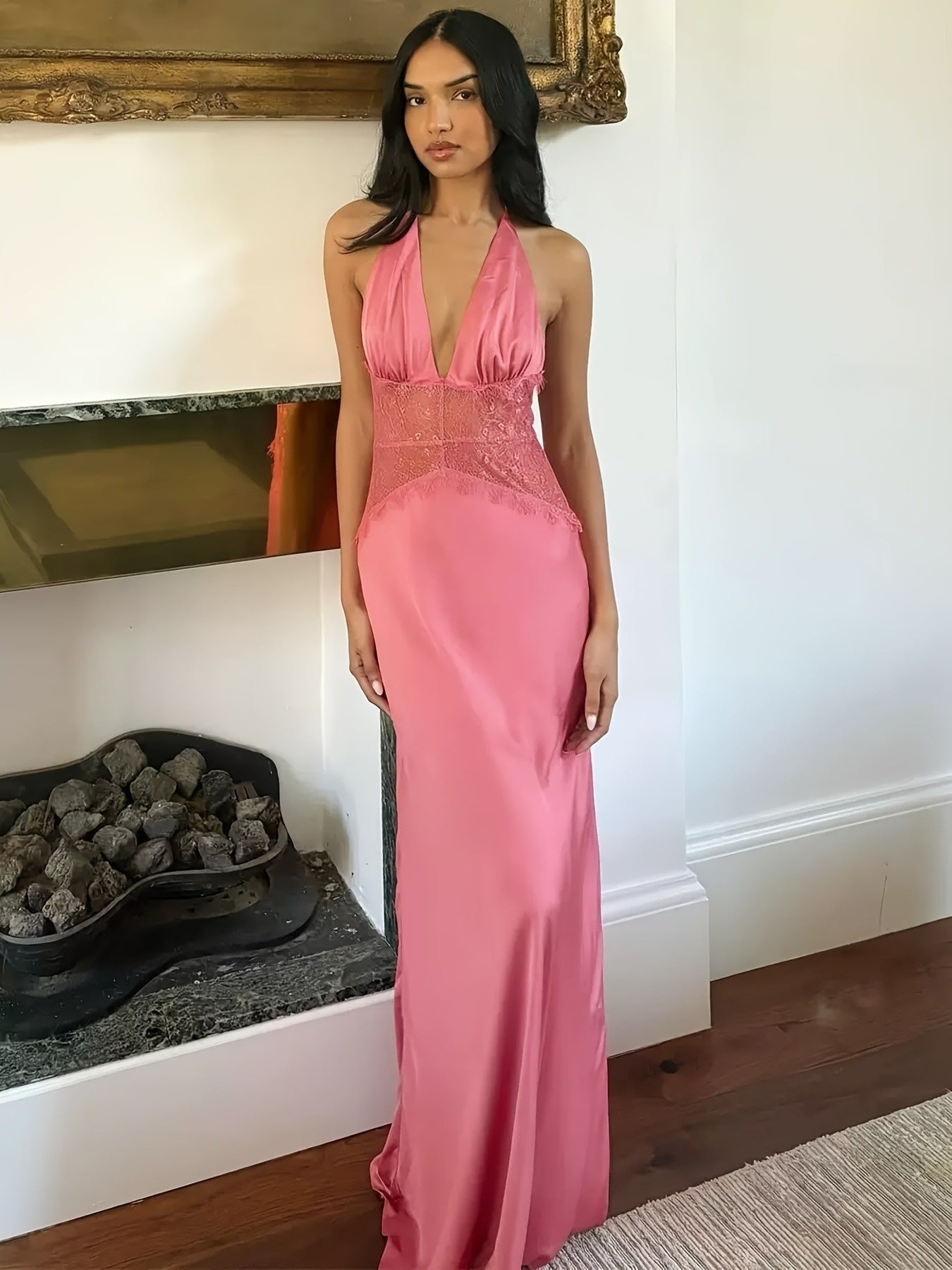 Damen Abendkleid im eleganten Fit & Flare Stil mit tiefem V-Ausschnitt und Spitzenakzent – Perfekt für festliche Anlässe