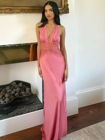 Damen Abendkleid im eleganten Fit & Flare Stil mit tiefem V-Ausschnitt und Spitzenakzent – Perfekt für festliche Anlässe