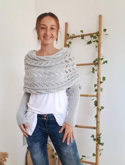 Gestrickter Bolero Damen Wickelpullover mit Ärmeln und Lochmuster