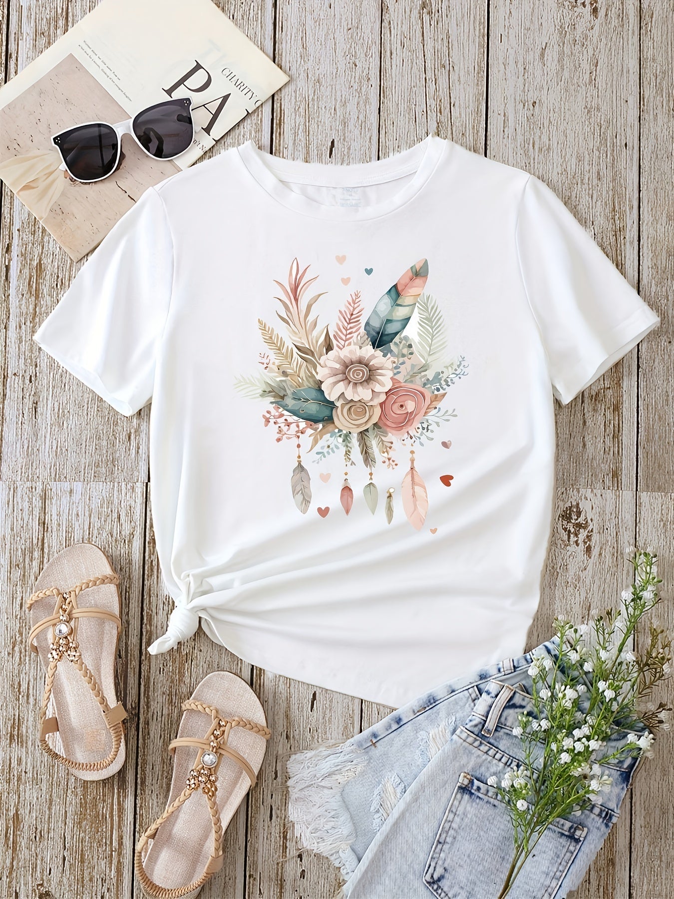 Damen T-Shirt mit floraler Boho-Feder Grafik – Modisches Freizeitshirt für Frühling und Sommer