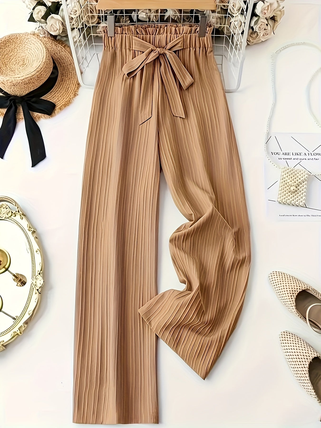Damen Elegante Weitbein-Hose mit Schleife und Plissee – Perfekt für Freizeit und Büro