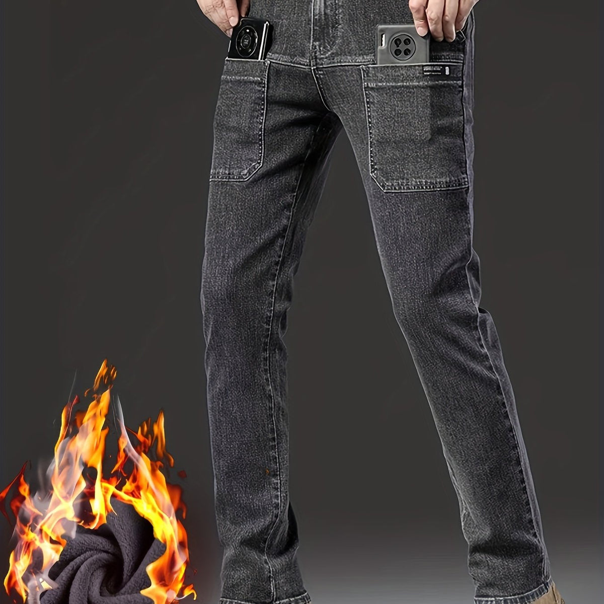 Herren Winter Jeans Hose gefüttert mit Cargotaschen Schwarz