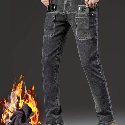 Herren Winter Jeans Hose gefüttert mit Cargotaschen Schwarz