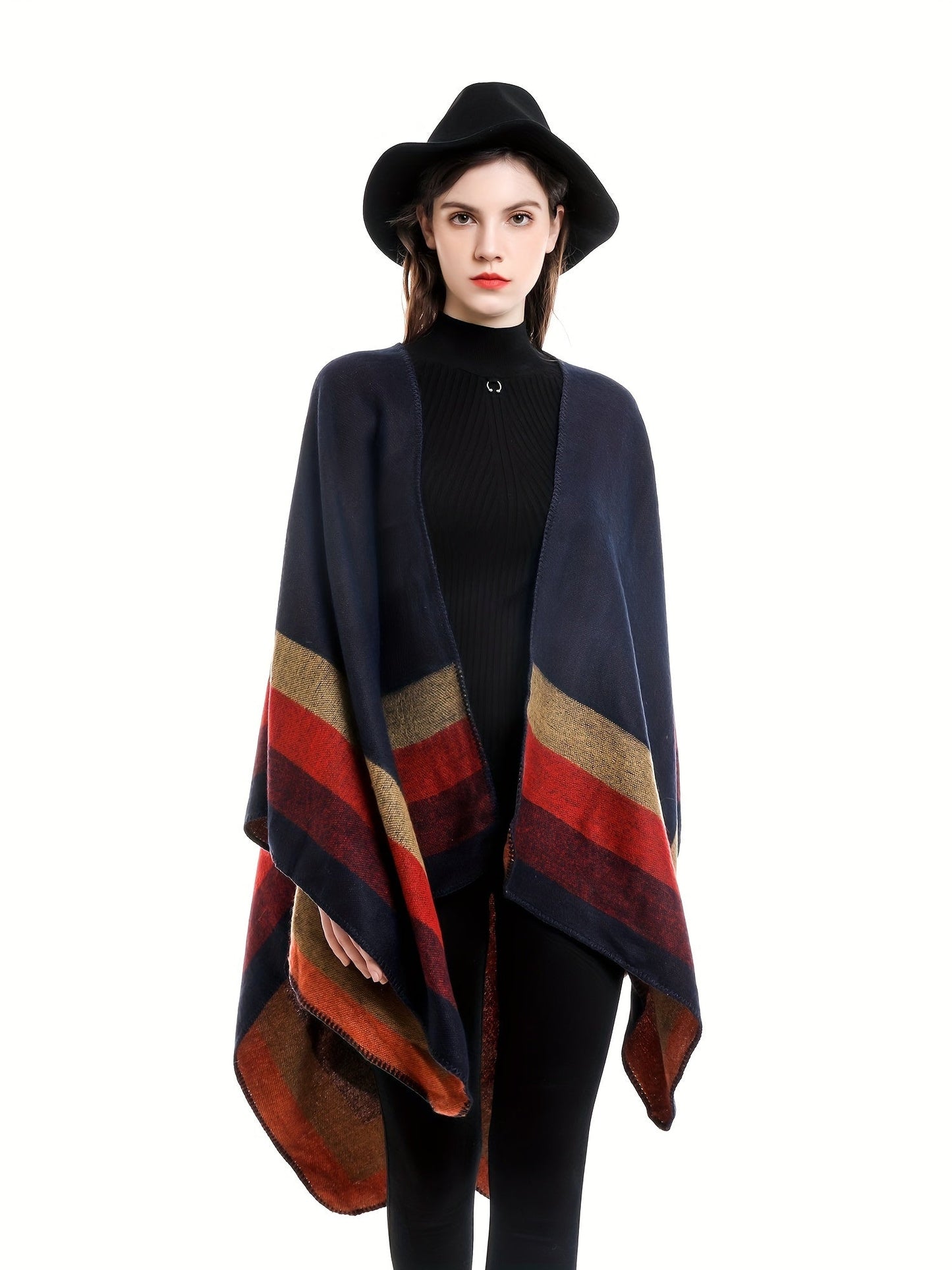 Damen Poncho mit Blockstreifen Wendbar