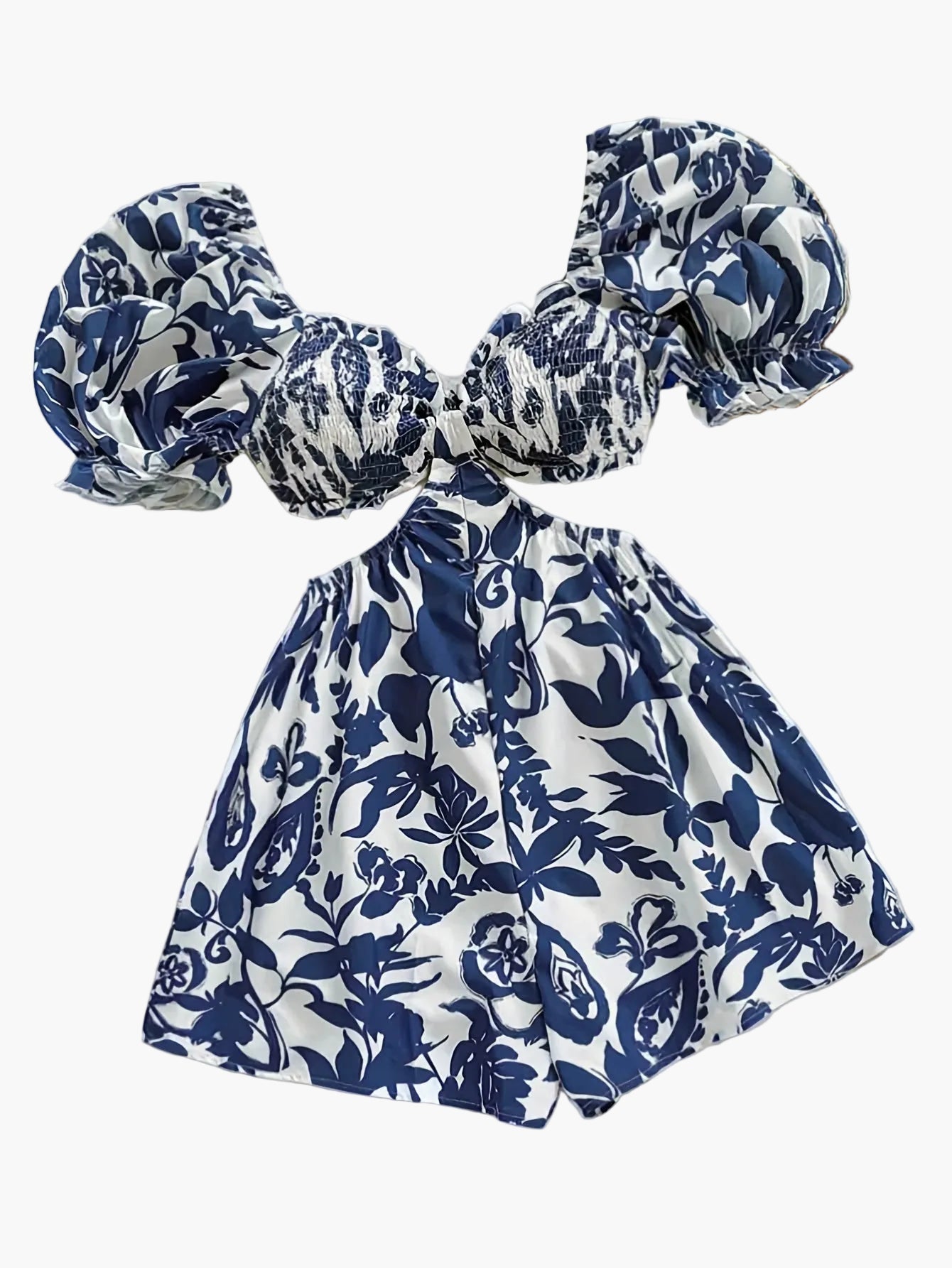 Damen Sommer Jumpsuit mit Tropenblatt-Print und Puffärmeln – Perfekt für Urlaub, Strand und Gartenparty