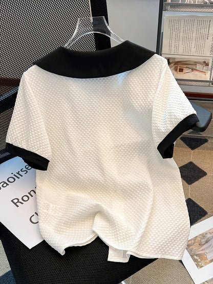 Damen Bluse mit kontrastierendem Kragen im Vintage-Stil – Elegante Freizeitmode für Büro und Alltag