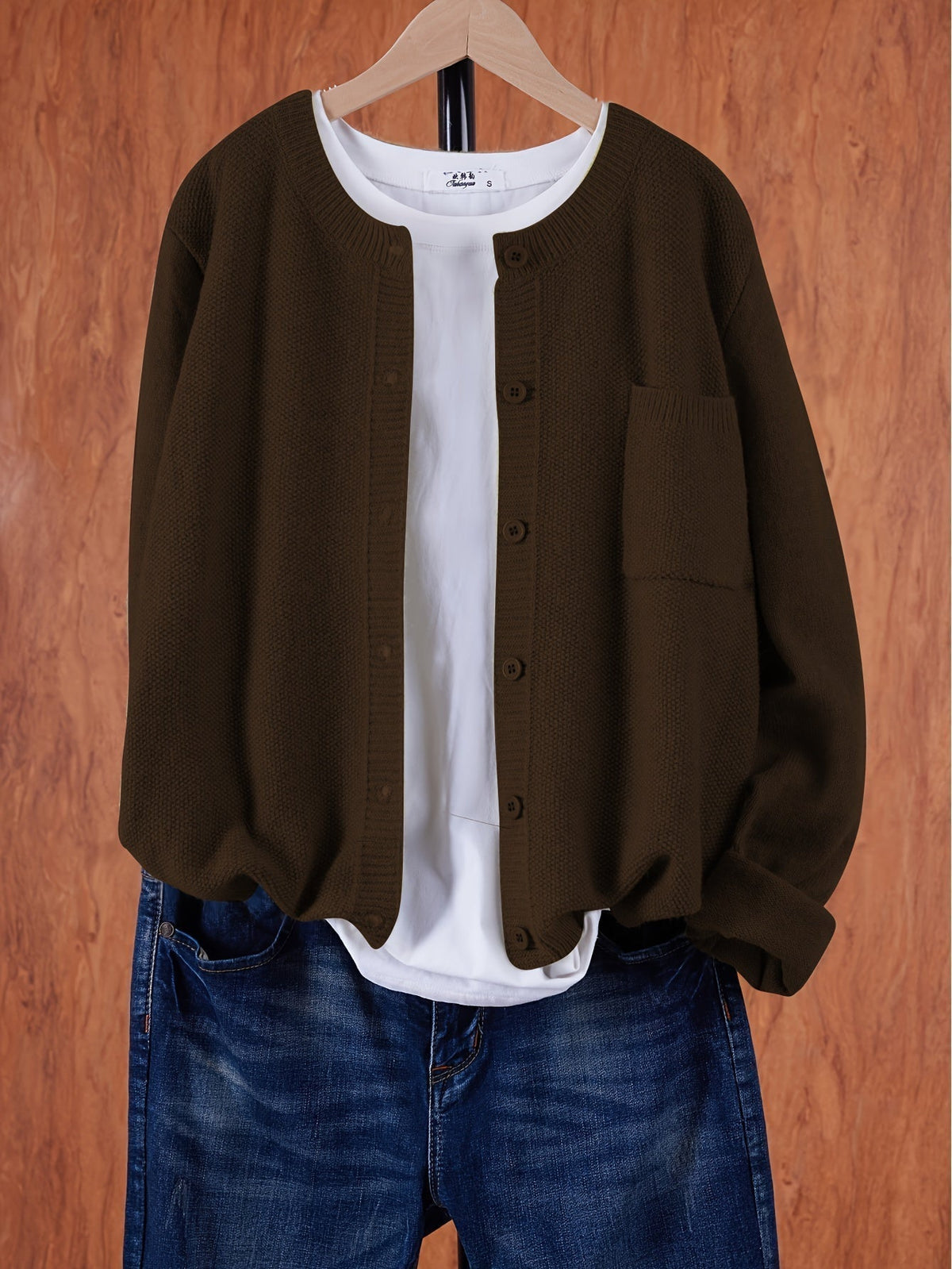 Damen Strick Cardigan Rundhals Langarm Strickjacke mit Knöpfen und Brusttasche
