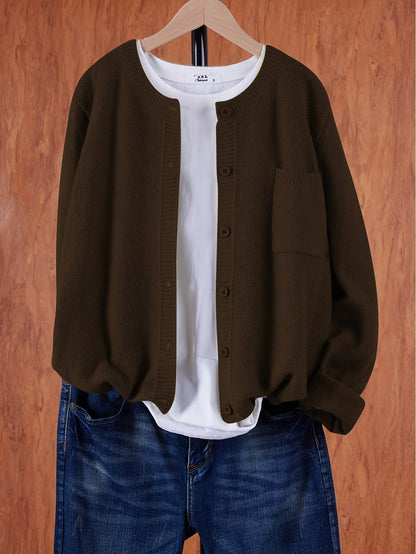 Damen Strick Cardigan Rundhals Langarm Strickjacke mit Knöpfen und Brusttasche