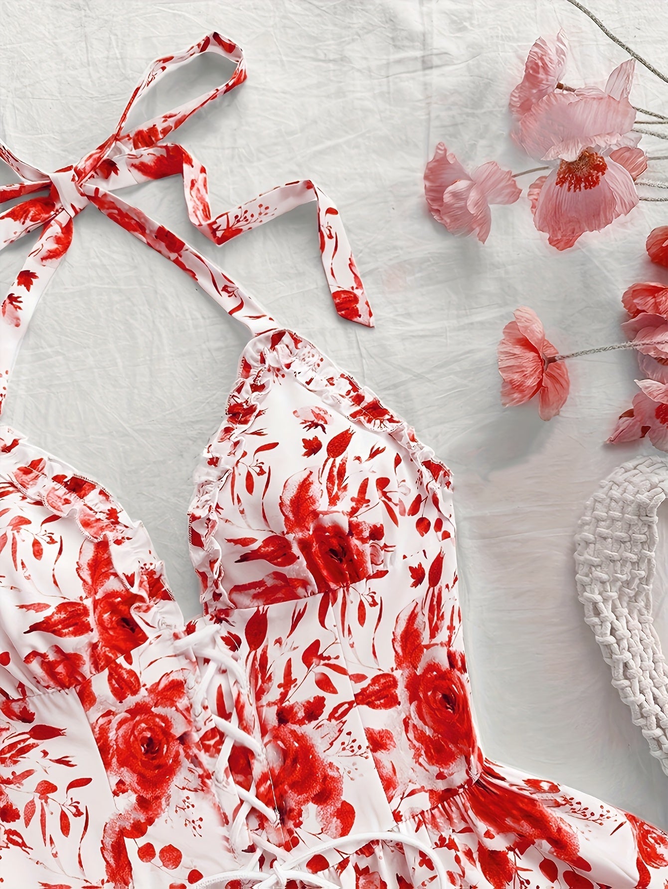 Damen Volant-Minikleid mit Rosenmuster und Schnürung – Sommer, Elegant, Festlich