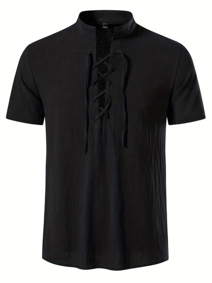 Herren Tunika Shirt Kurzarm mit Schnürung – Lässige Sommermode im Vintage-Stil