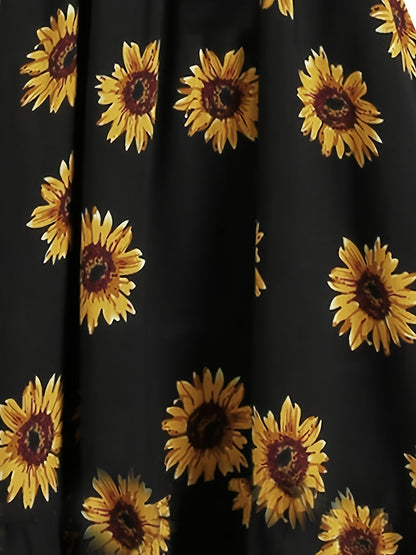 Damen Vintage Sommerkleid mit Sonnenblumenmuster und Knopfleiste – Ideal für Freizeit und Urlaub