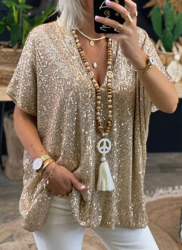 Damen Pailletten Tunika mit V-Ausschnitt – Glitzerndes Oversize-Shirt für festliche Anlässe