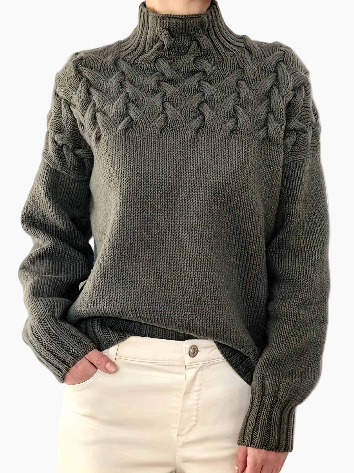 Damen Strickpullover mit Zopfmuster und Stehkragen – Stilvoller Winterpullover für Freizeit und Alltag