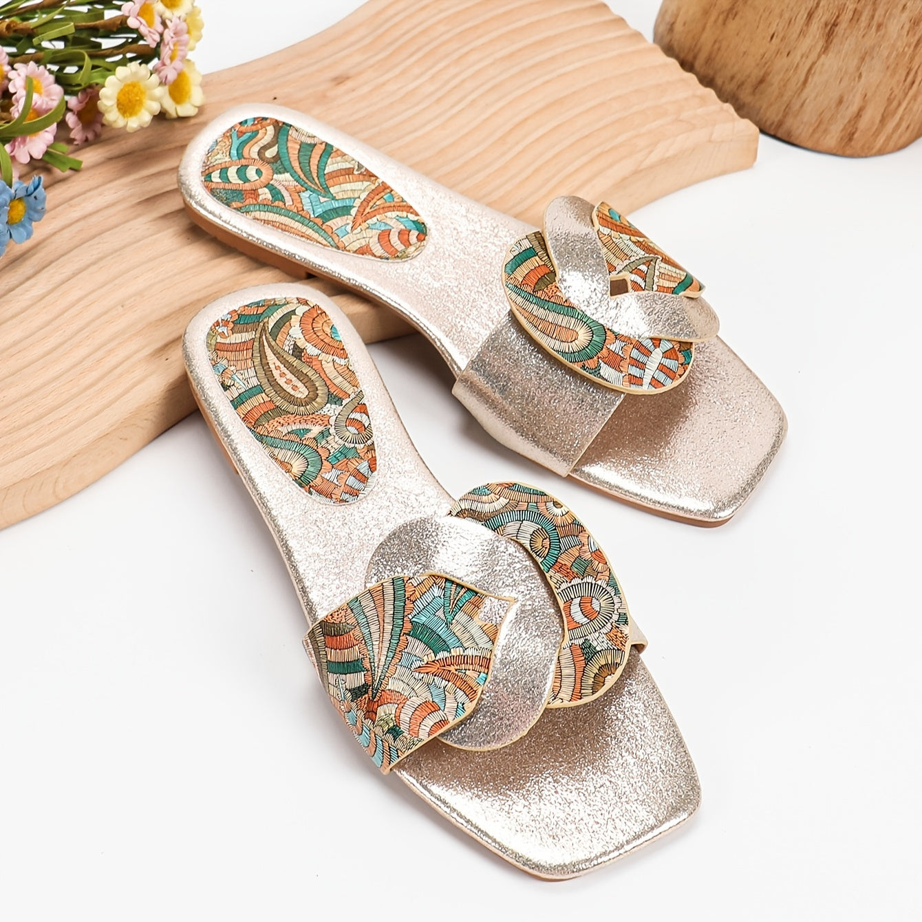Damen Slide Sandalen mit Paisley Muster und Modernem Design – Elegante Sommerschuhe für Alltag und Freizeit