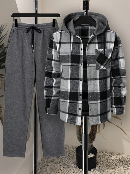 Herren Kariertes Hemd mit Kapuze und Unifarbene Jogginghose Set