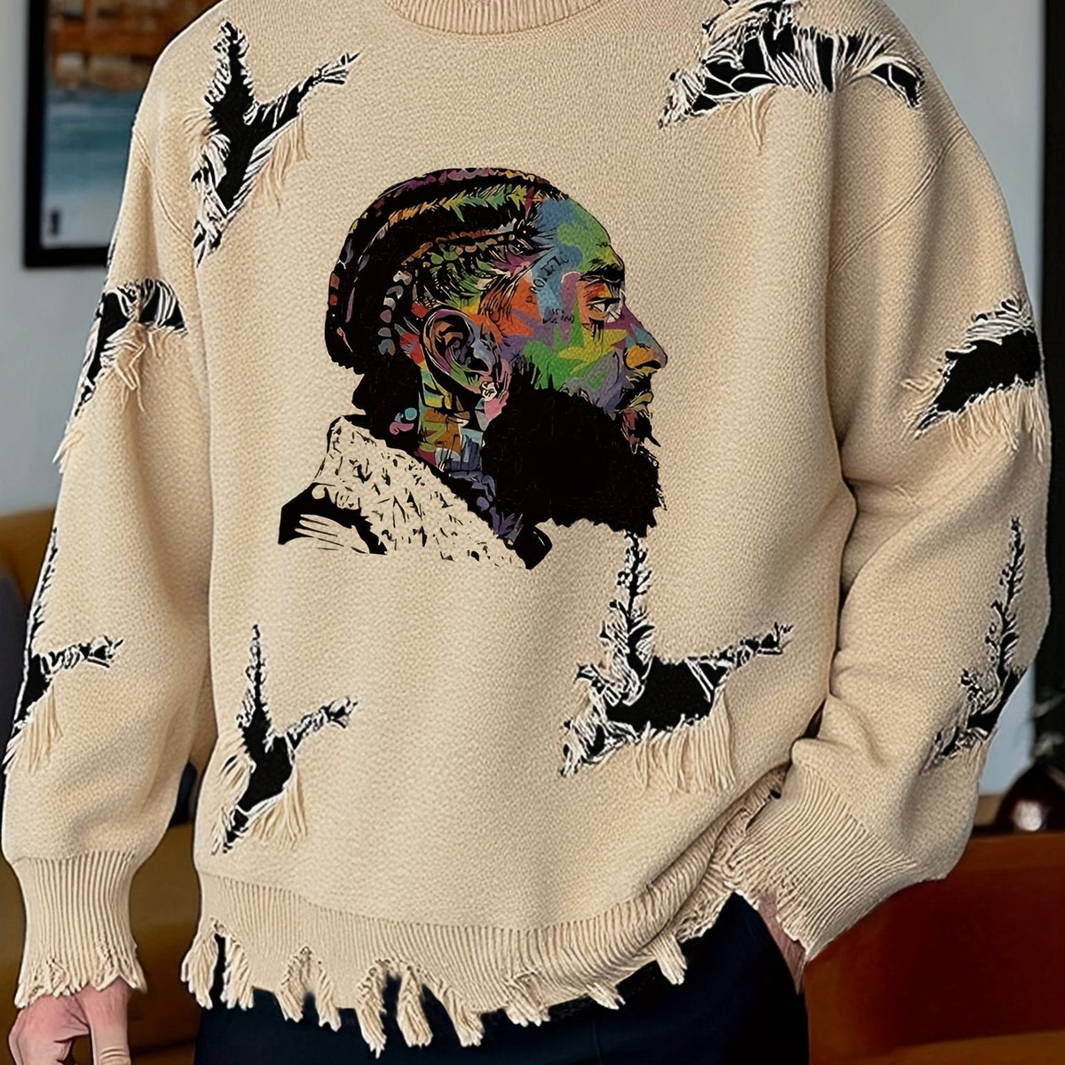 Herren Pullover Rundhals mit Ripped-Details und Grafik-Print, Langarm Strickpullover