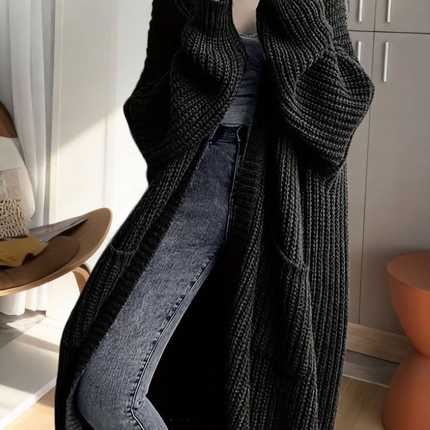 Damen Oversize Strick-Cardigan Lang Offene Front mit Taschen – Lässiger Streetstyle