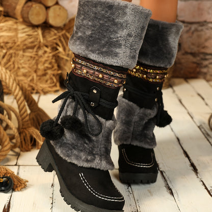 Winter Stiefel Damen mit Fellbesatz & dekorativen Bändern, braun/schwarz