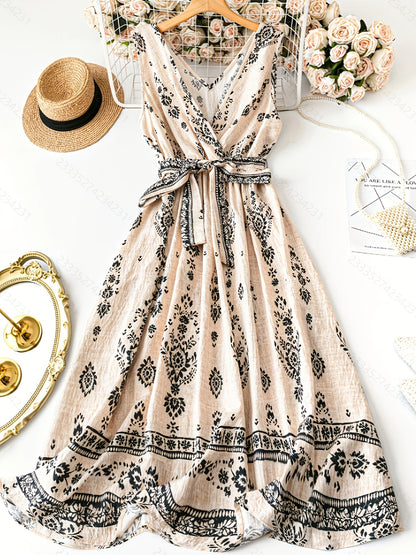 Damen Boho Maxikleid mit Gürtel und Vintage-Blumenmuster – Elegantes Sommerkleid für Freizeit, Strand & Gartenparty