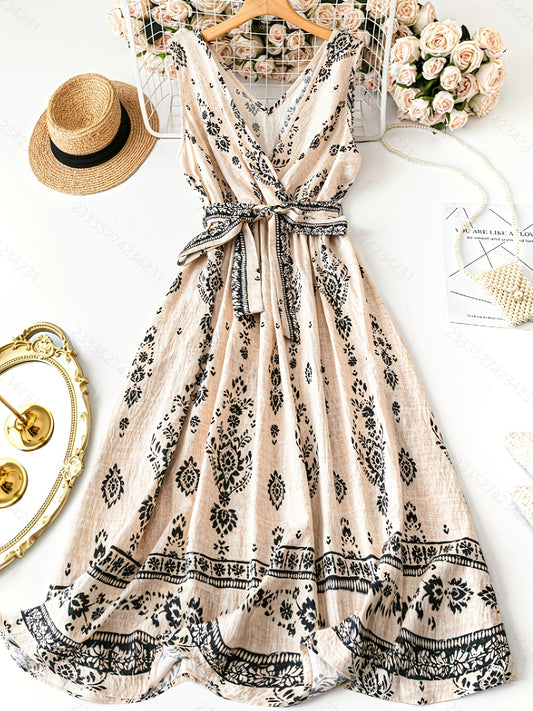 Damen Boho Maxikleid mit Gürtel und Vintage-Blumenmuster – Elegantes Sommerkleid für Freizeit, Strand & Gartenparty