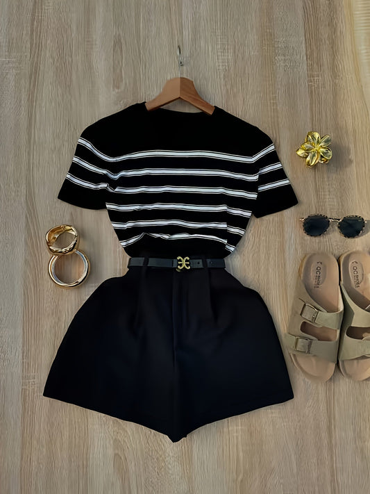 Damen Zweiteiler Set – Gestreiftes Shirt und High-Waist Shorts für Alltag & Freizeit
