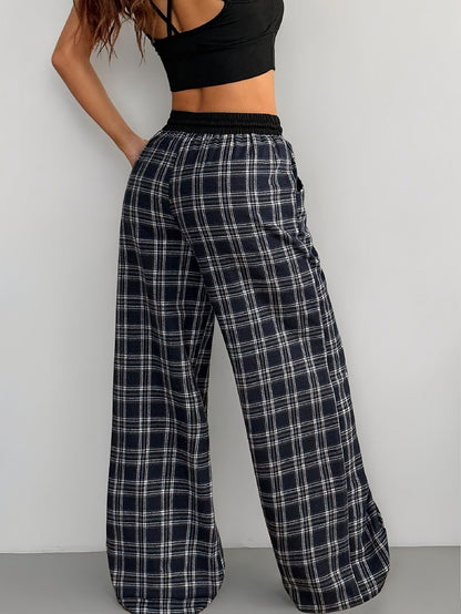 Damen Weite Loungehose mit Kordelzug im Karomuster – Bequeme Freizeithose für Alltag und Zuhause