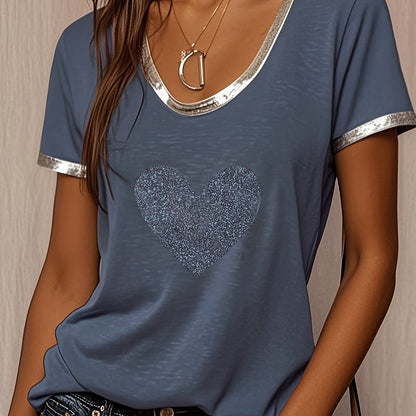 Damen T-Shirt mit Herz-Print und Metallic-Details – Modisches Freizeitshirt mit V-Ausschnitt