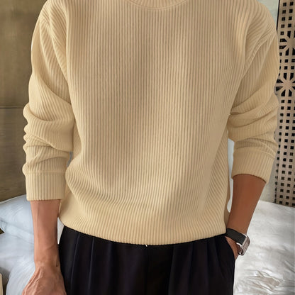 Gerippter Pullover Langarm Rundhalsausschnitt Freizeit Sweater für Herren – Weich & Bequem