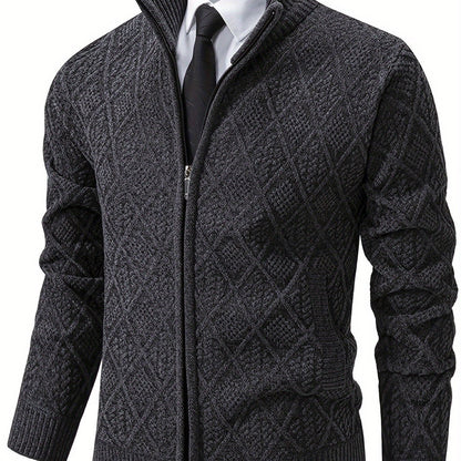 Herren Strickjacke Rautenmuster Stehkragen Reißverschluss Feinstrick Casual