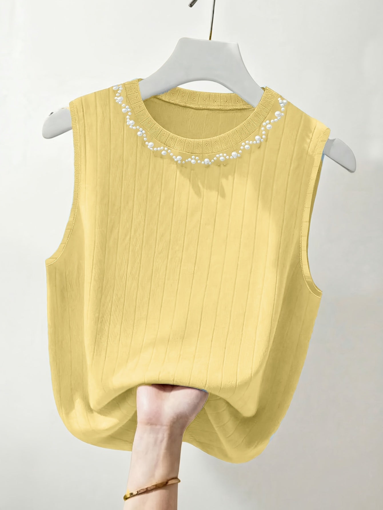 Damen Elegantes Stricktop mit Perlenbesatz – Ärmelloses Oberteil für modische Anlässe
