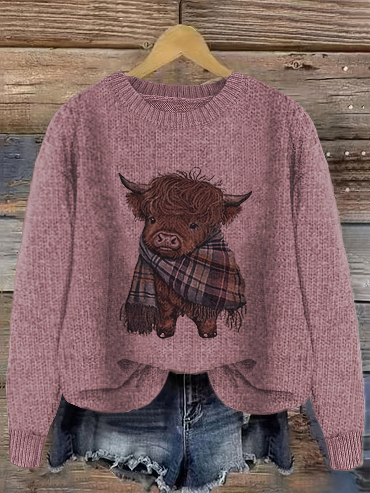 Damen Pullover mit Highland-Kuh Motiv und Rundhalsausschnitt – Verspielter Strickpullover im lässigen Stil