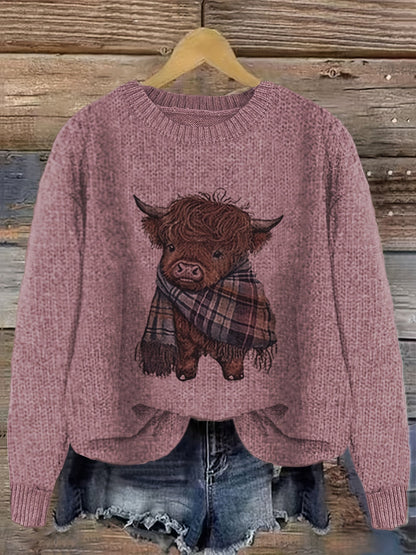 Damen Pullover mit Highland-Kuh Motiv und Rundhalsausschnitt – Verspielter Strickpullover im lässigen Stil