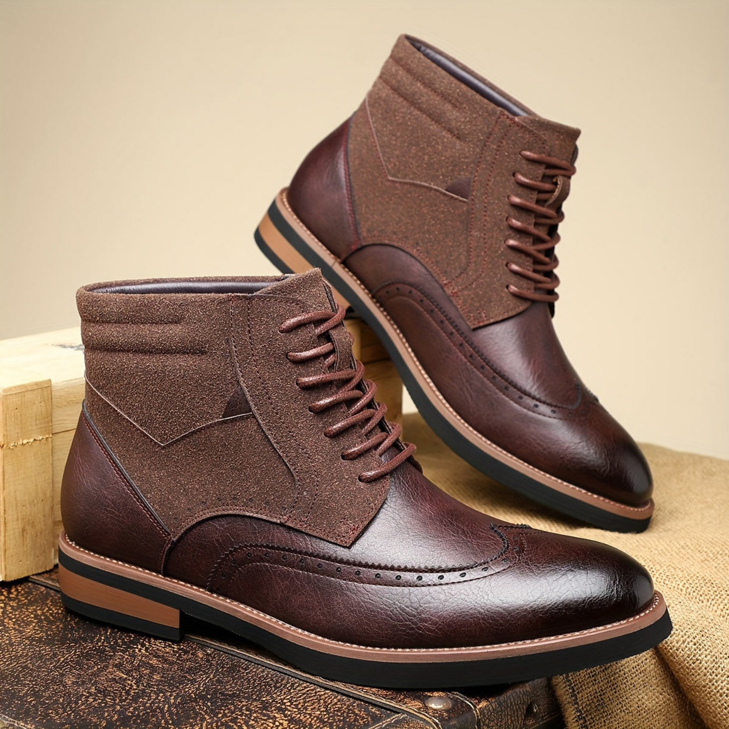 Herren Brogue Stiefel mit Schnürung, Ankle-High, Zweifarbiger Look
