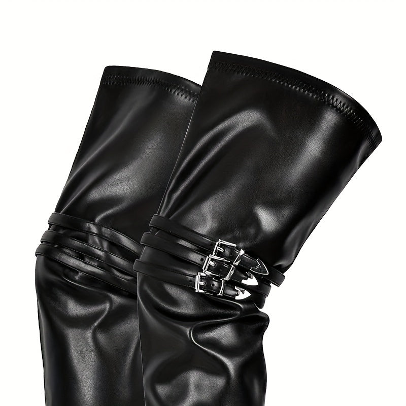 Overknee Stiefel Schwarz mit Schnallen, Reißverschluss & hohem Absatz