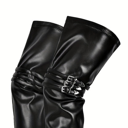 Overknee Stiefel Schwarz mit Schnallen, Reißverschluss & hohem Absatz