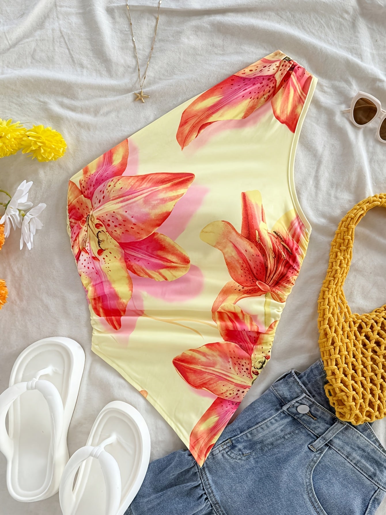 Damen Ein-Schulter-Body mit Blumenmuster – Eleganter Sommer-Body für Freizeit und Urlaub