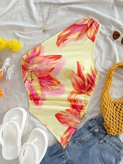 Damen Ein-Schulter-Body mit Blumenmuster – Eleganter Sommer-Body für Freizeit und Urlaub